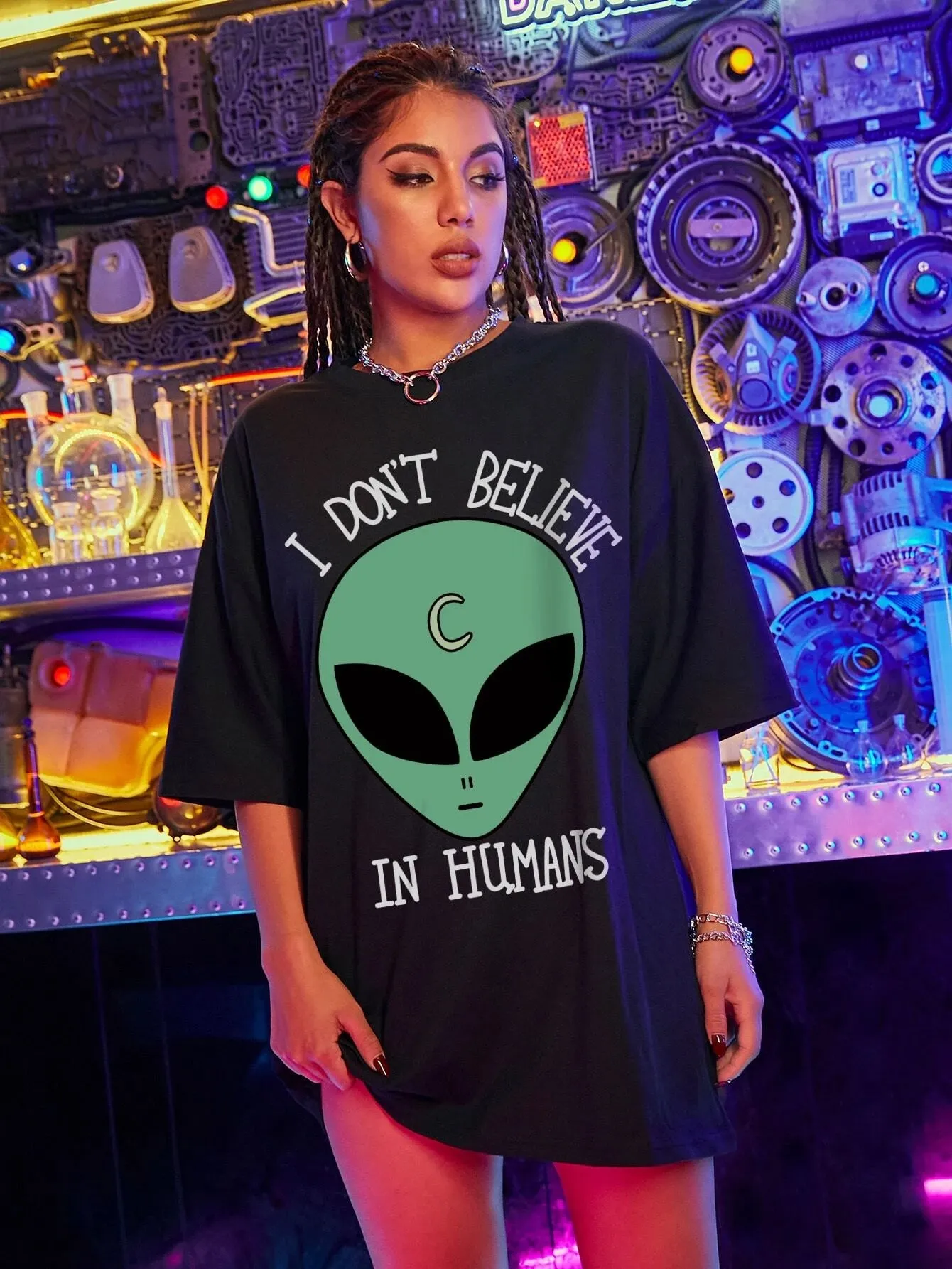 Alien & Slogan Graphic Oversized Tee SS24