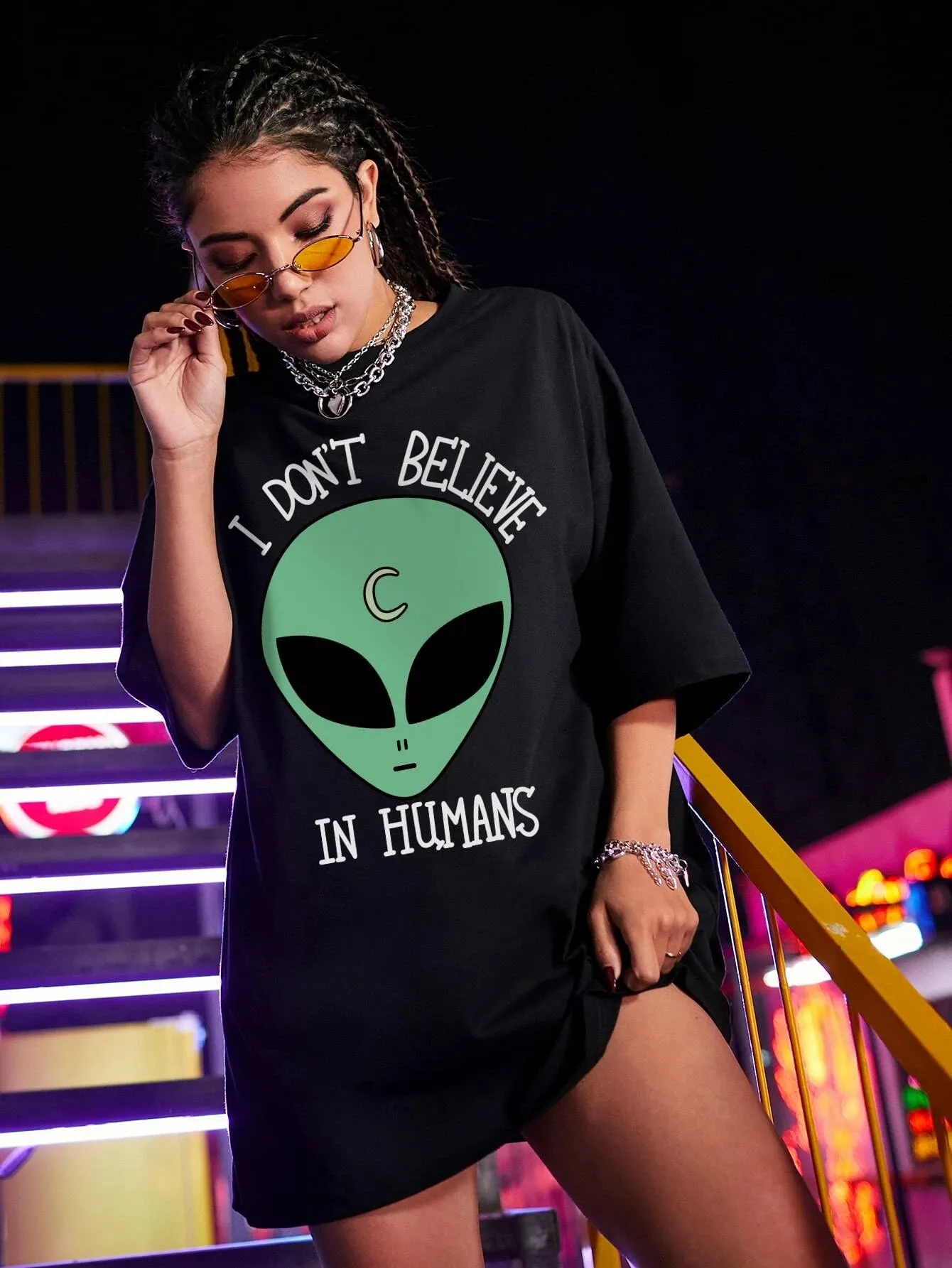 Alien & Slogan Graphic Oversized Tee SS24