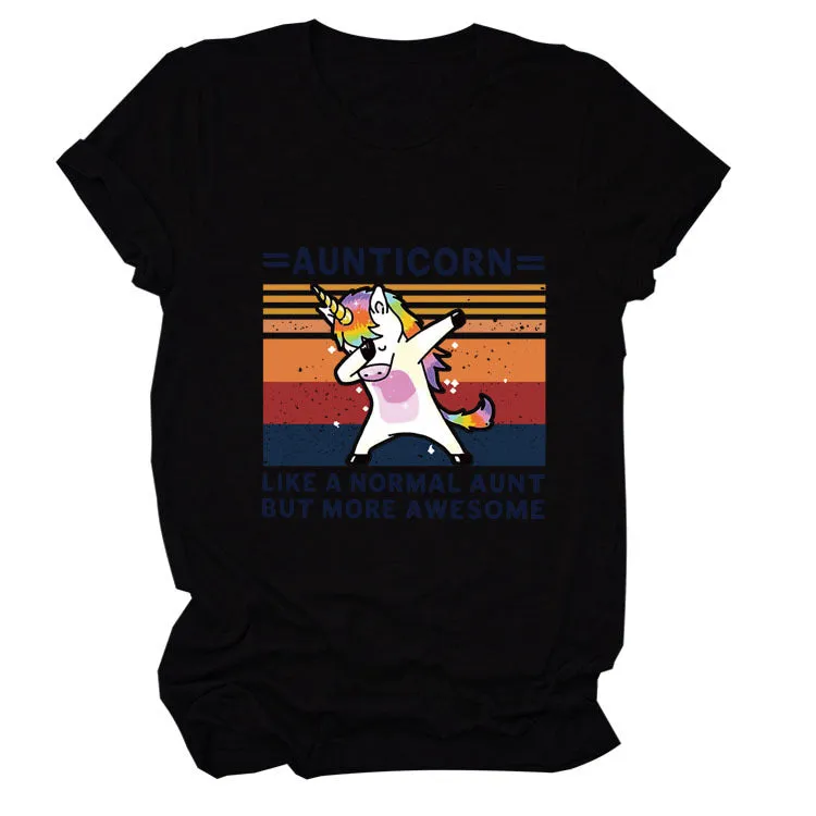 AUNTICORN Unicorn Printed Short Sleeve Top Loose Casual Large Women's T-shirt Bottom