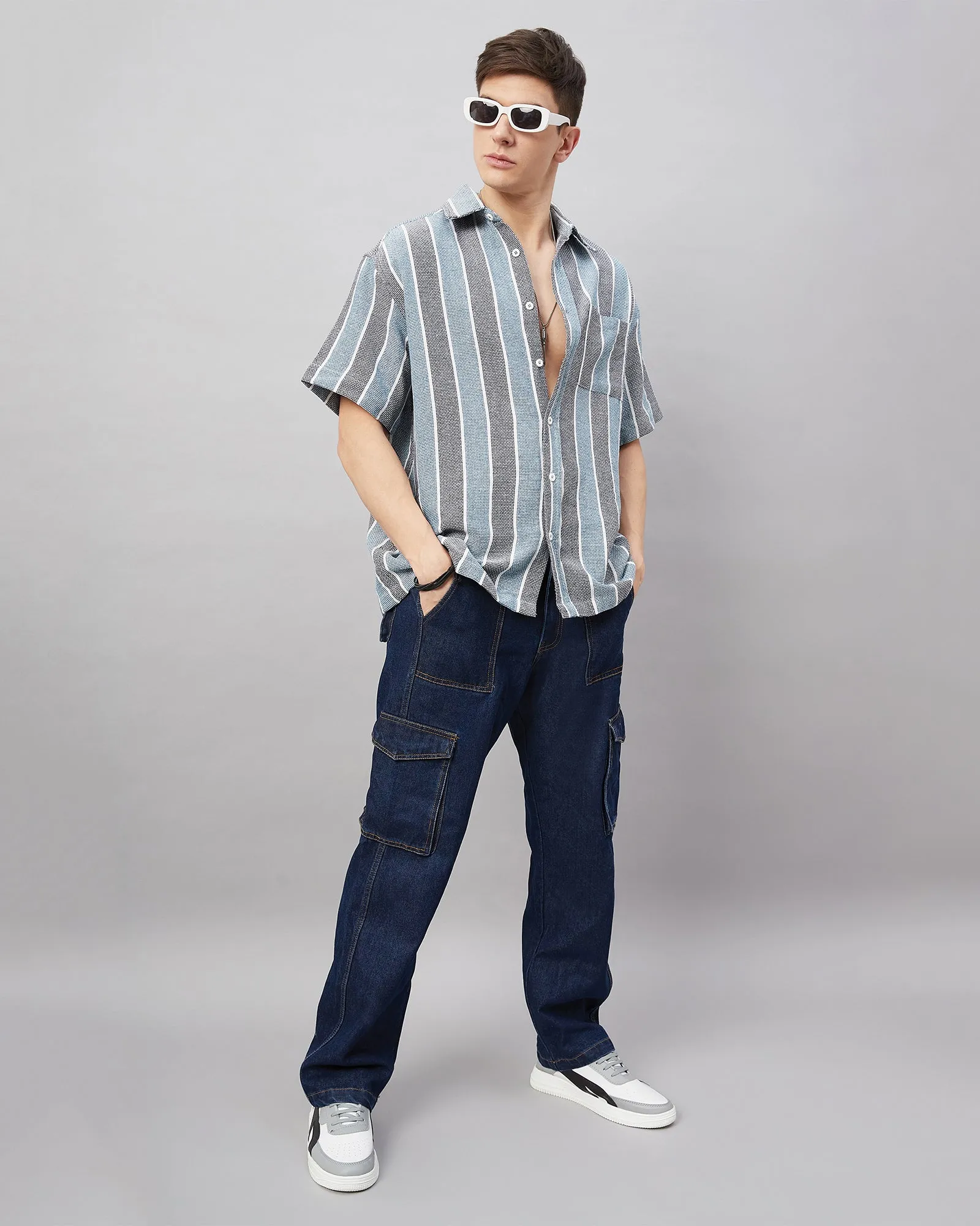Chimpaaanzee Men Teal Blue & Black Oversized Fit Shirt