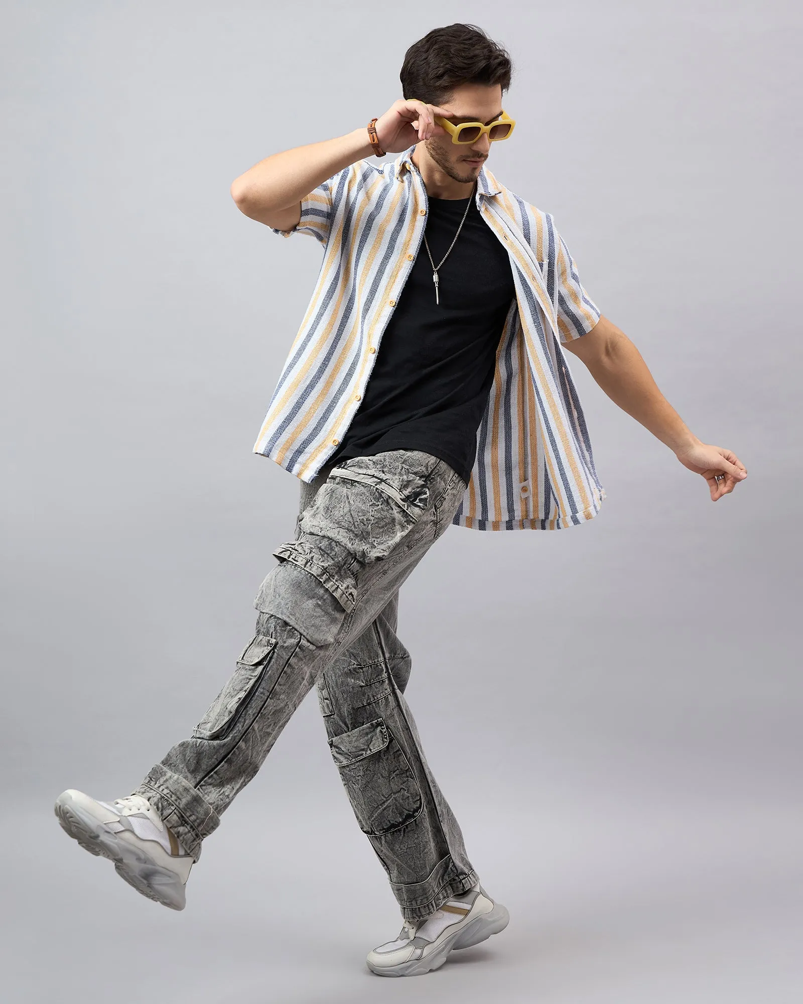 Chimpaaanzee Men White & Yellow Regular Fit Shirt