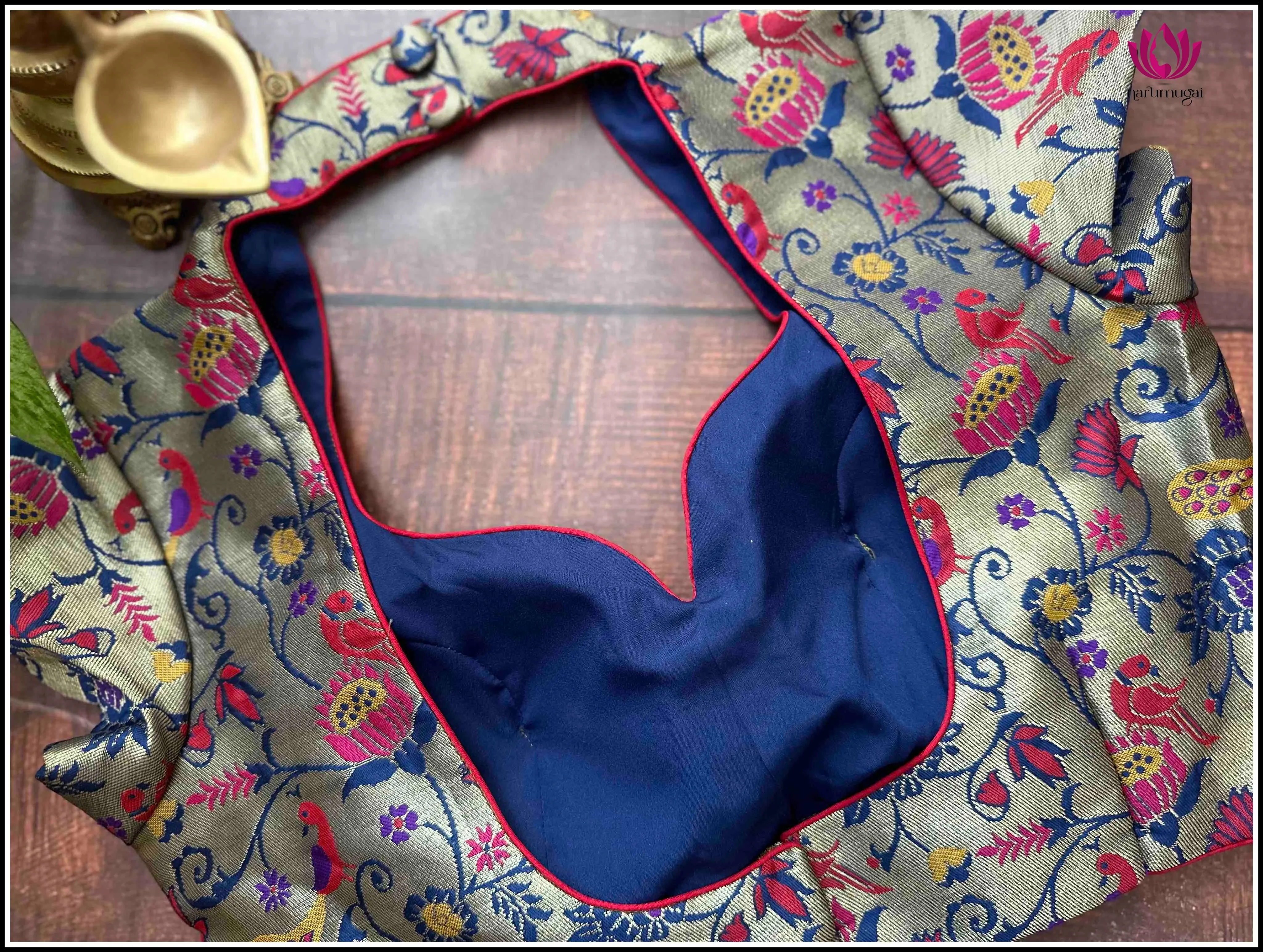 Navy Blue and Silver Paithani Blouse with Collar - Size 38