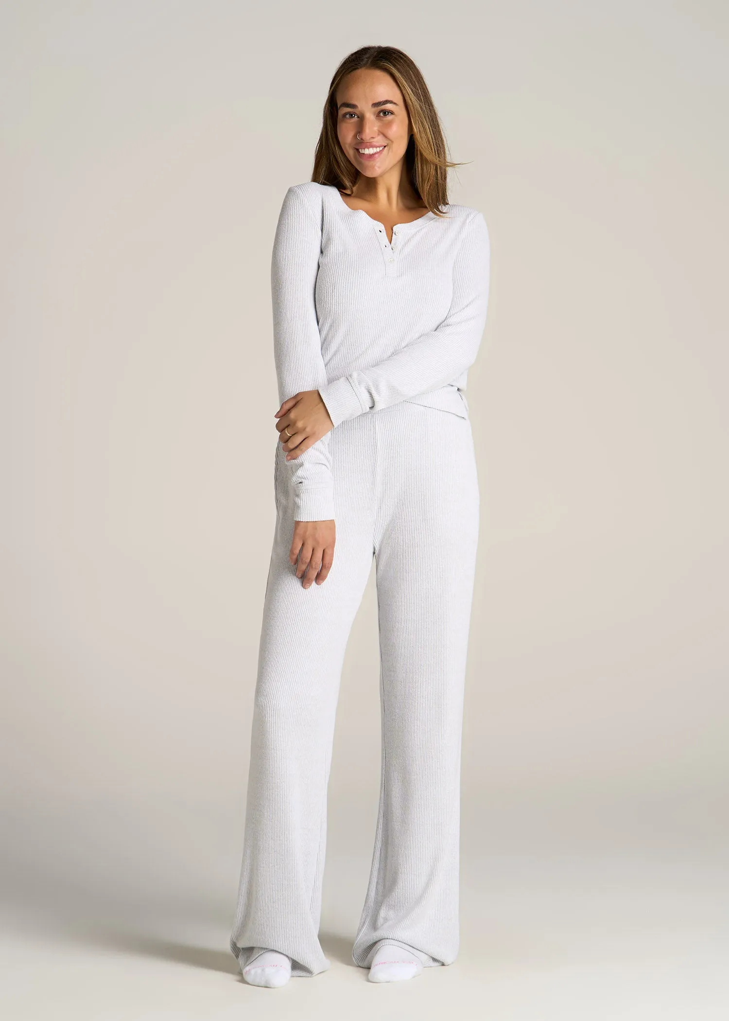 Ribbed Henley Top for Tall Women in Fog Grey Mix