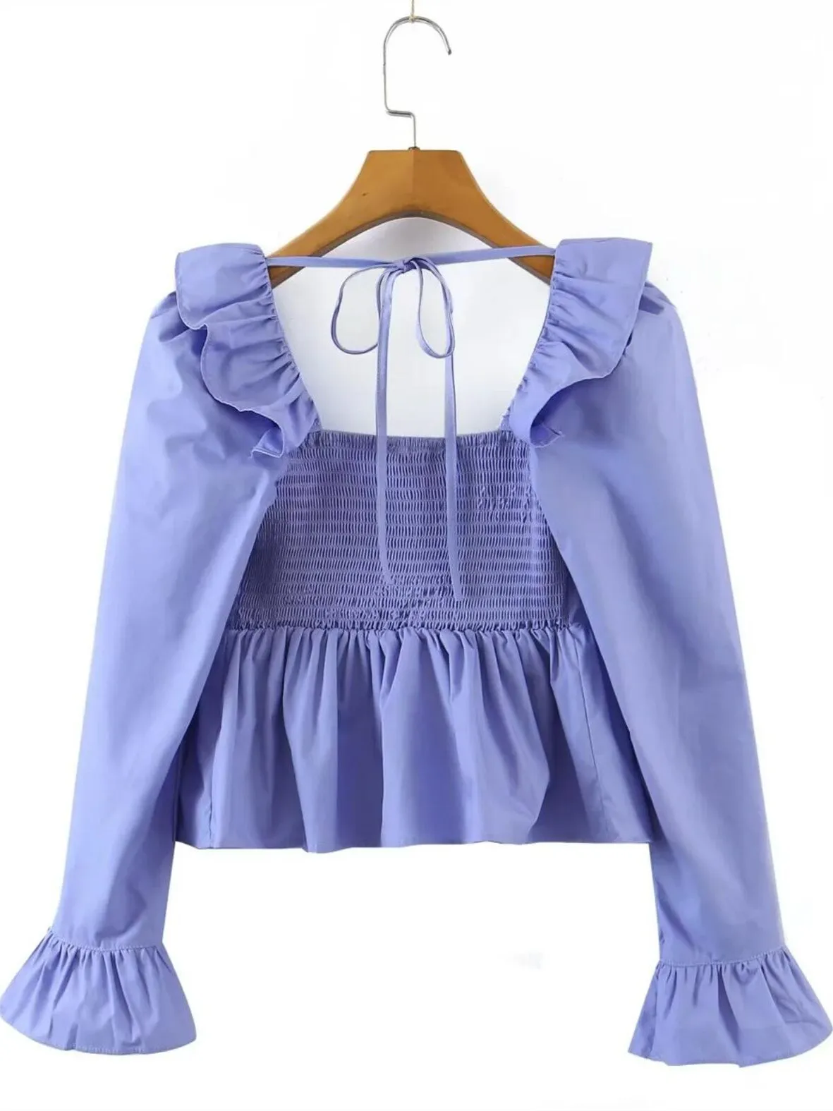 Solid Color Square Collar Ruffles Blouse