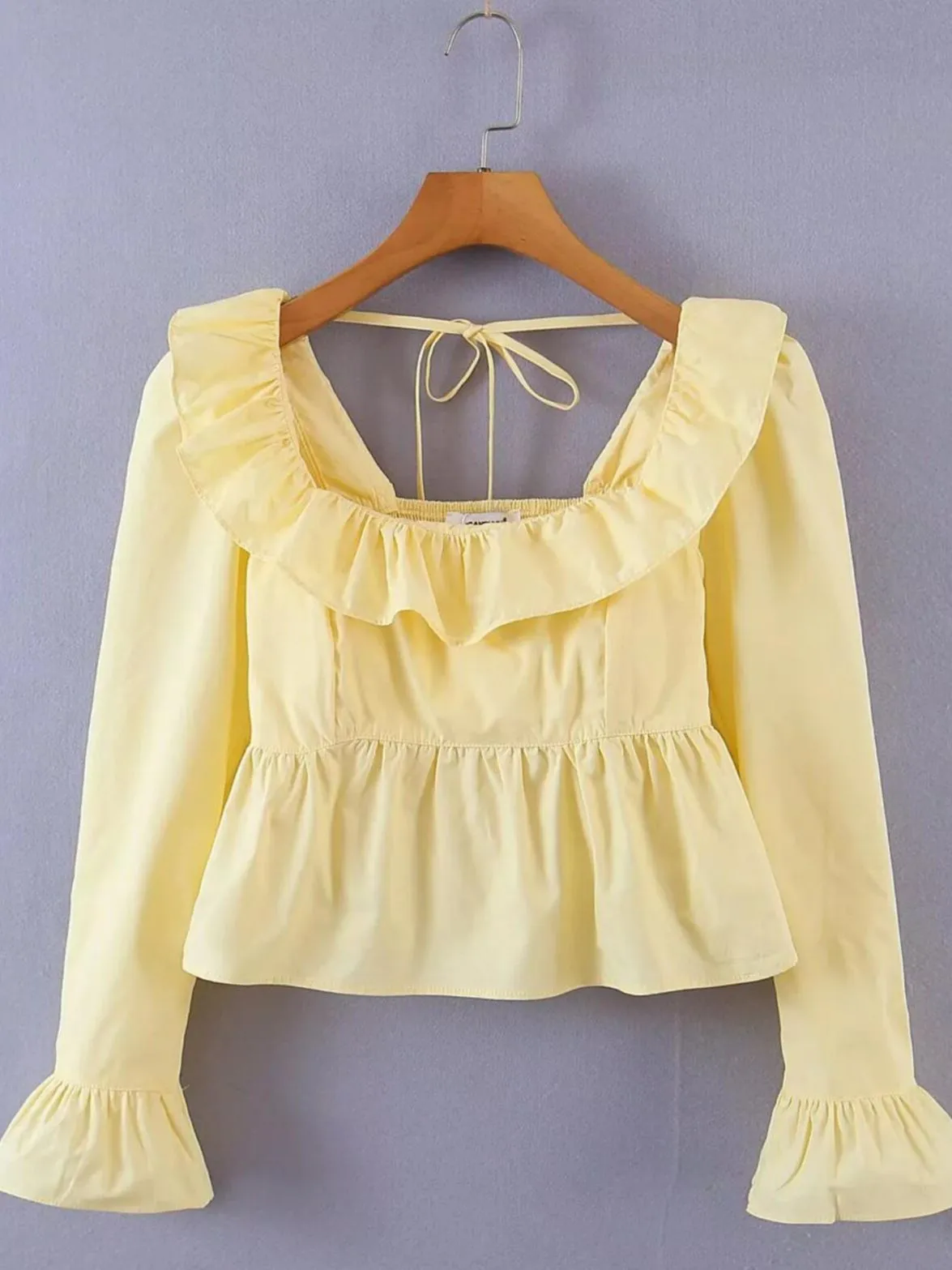 Solid Color Square Collar Ruffles Blouse