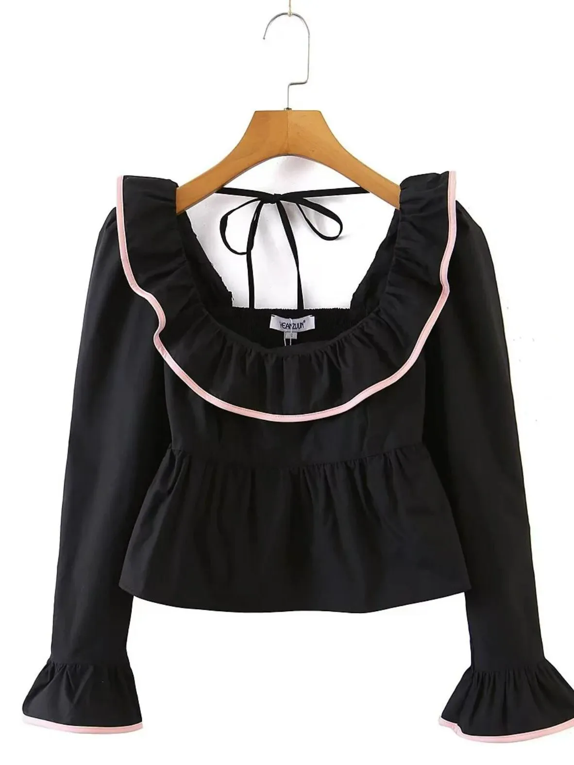 Solid Color Square Collar Ruffles Blouse