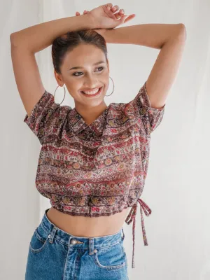Vintage Polyester Collared Half Sleeved Boho Print Blouse