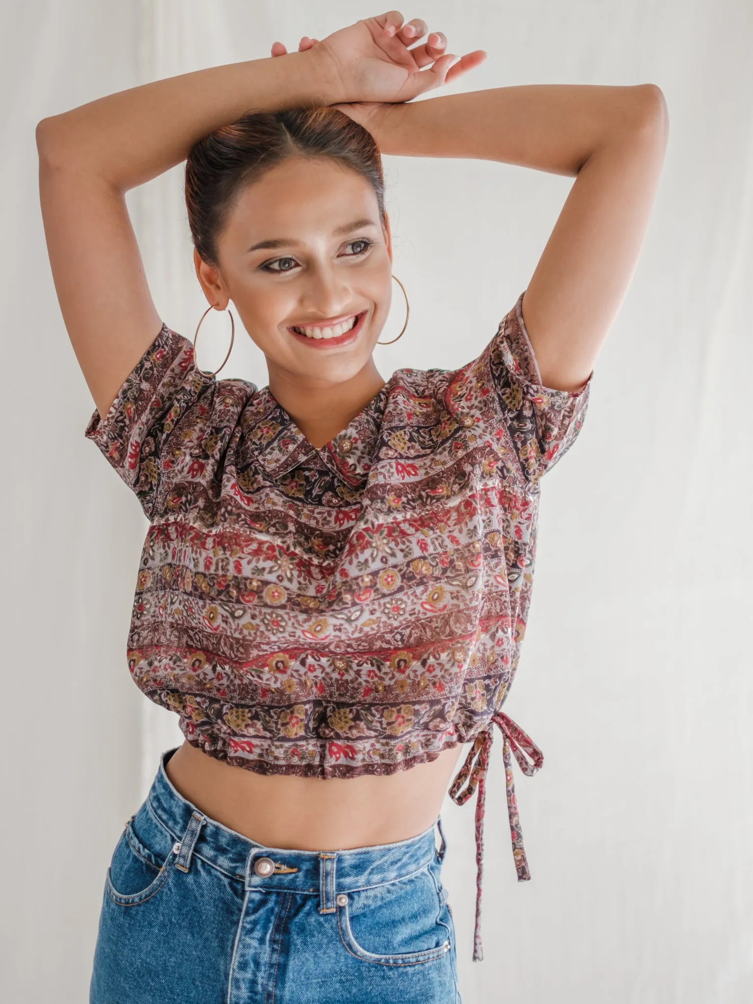 Vintage Polyester Collared Half Sleeved Boho Print Blouse